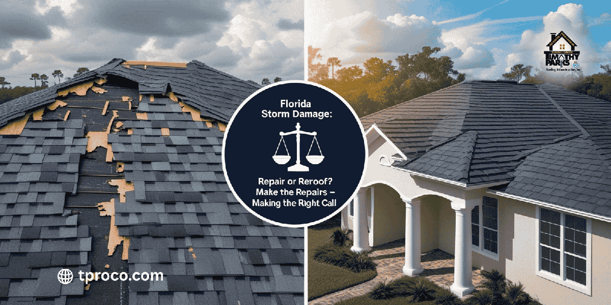 A storm-damaged Florida asphalt shingle roof showing torn areas before full reroofing, followed by a fully restored, sealed roof ready for hurricane season.