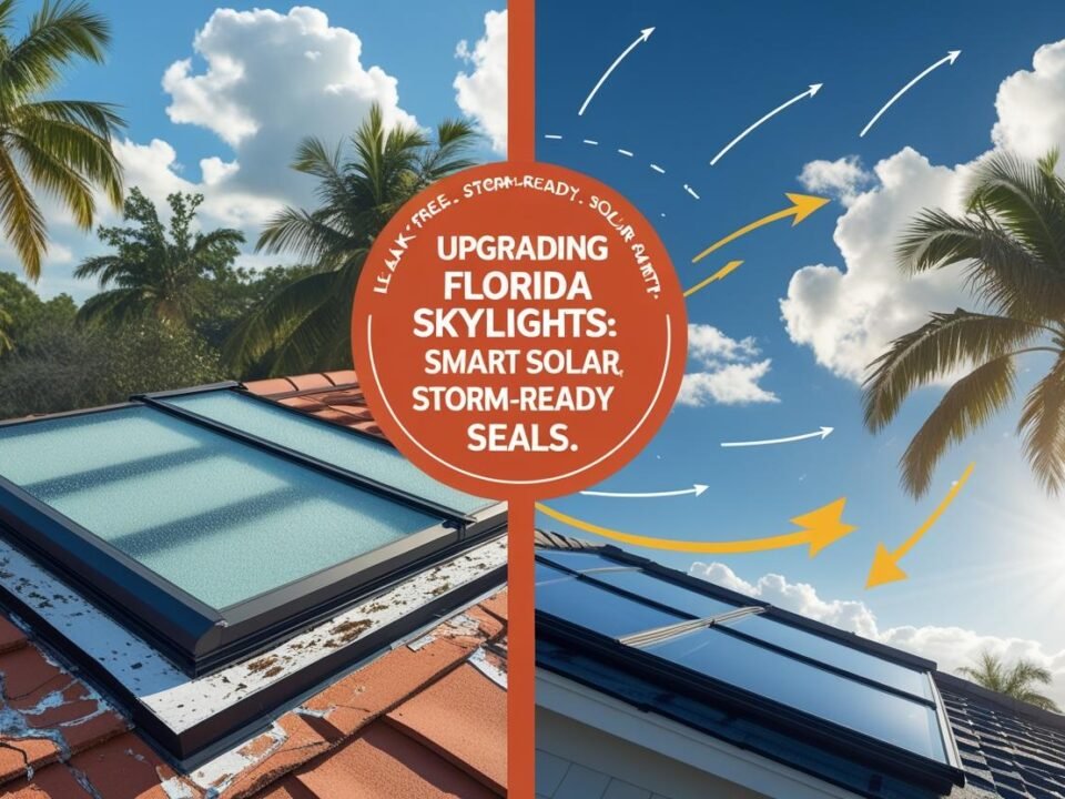 Design a blog banner titled Upgrading Florida Skylights Manual Vents Smart Solar Storm Ready Seals Use a split scene layout On the left show an outdated skylight with visible discoloration cracked sealan