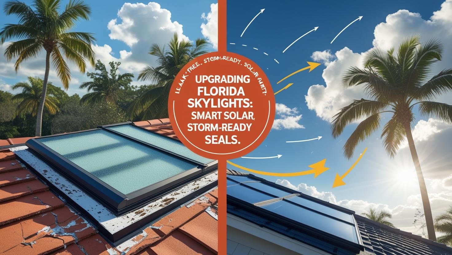 Design a blog banner titled Upgrading Florida Skylights Manual Vents Smart Solar Storm Ready Seals Use a split scene layout On the left show an outdated skylight with visible discoloration cracked sealan