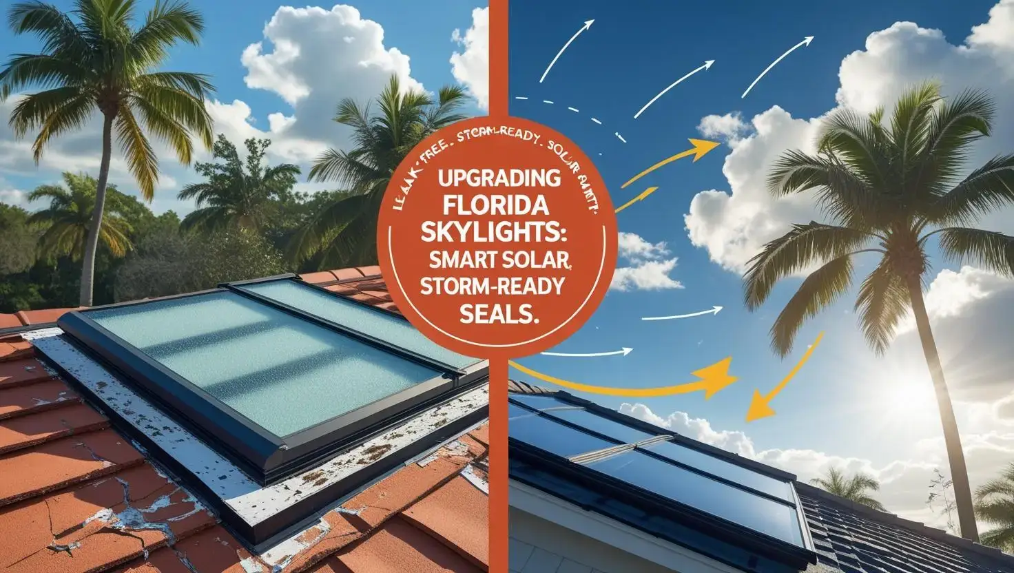 _Design a blog banner titled Upgrading Florida Skylights_ Manual Vents Smart Solar Storm-Ready Seals Use a split-scene layout On the left show an outdated skylight with visible discoloration cracked sealan - Timothy Parks Roofing & Construction Inc Design a blog banner titled Upgrading Florida Skylights Manual Vents Smart Solar Storm Ready Seals Use a split scene layout On the left show an outdated skylight with visible discoloration cracked sealan