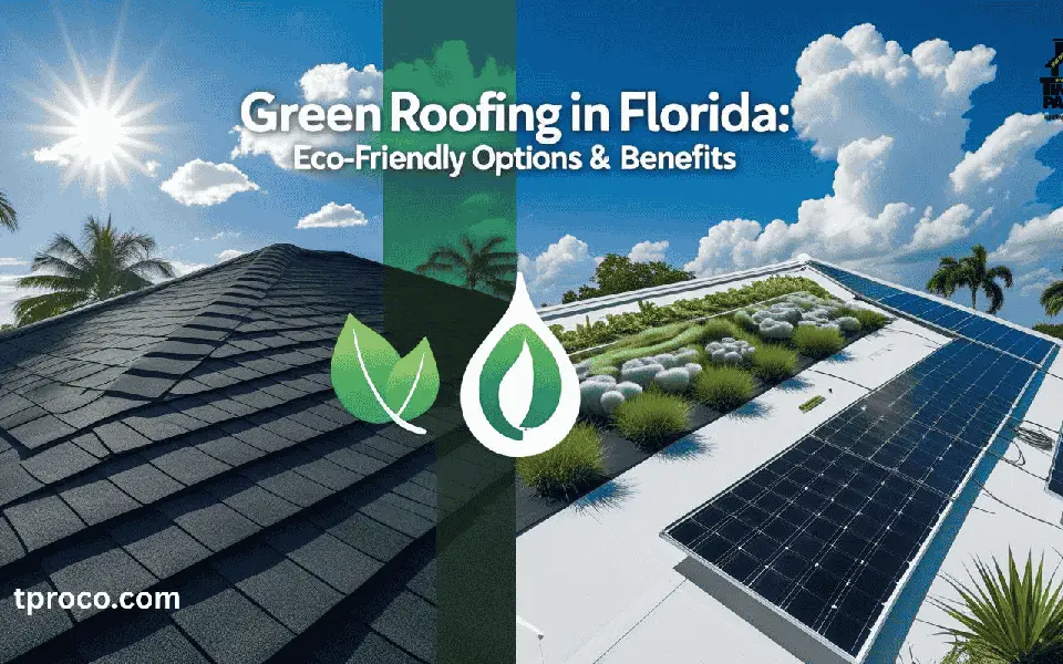 Florida home featuring eco-friendly green roof sections with vegetation and reflective surfaces designed to reduce heat and manage stormwater.