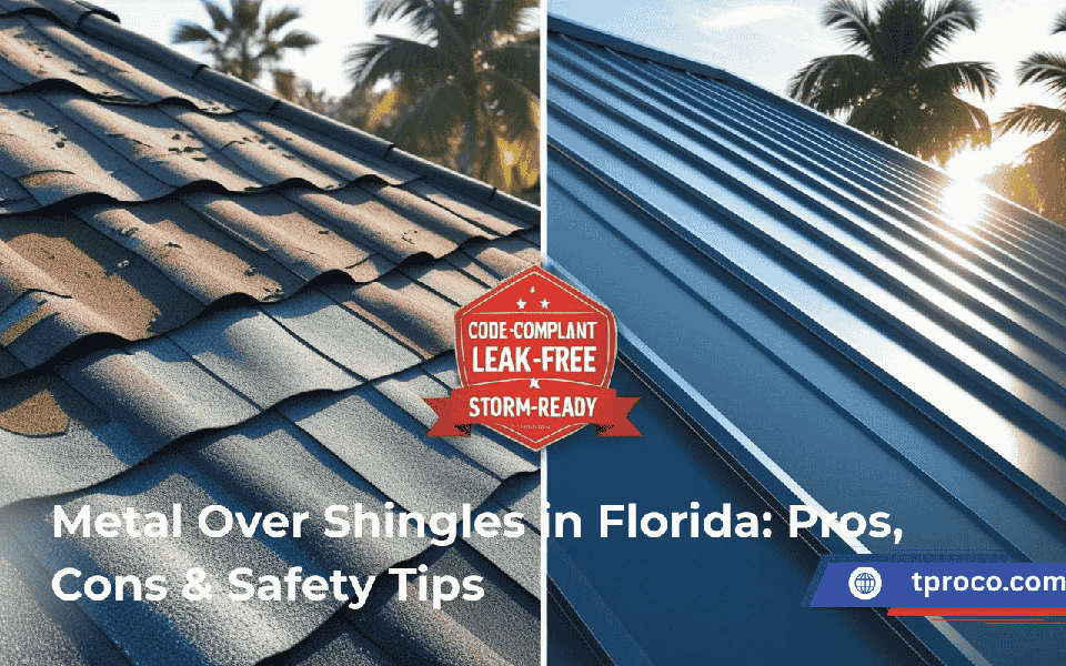 Florida home with a worn asphalt shingle roof partially overlaid with sleek standing-seam metal panels, showing the transformation mid-process.