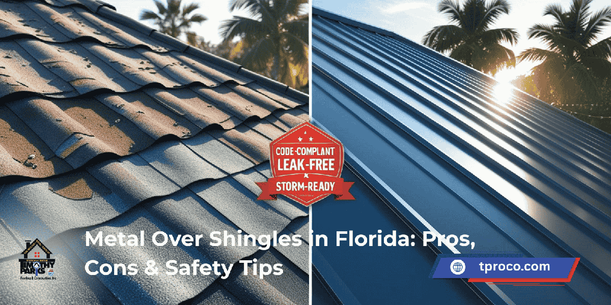Florida home with a worn asphalt shingle roof partially overlaid with sleek standing-seam metal panels, showing the transformation mid-process.