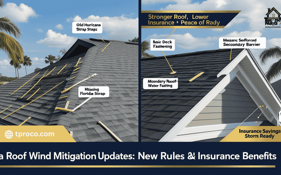 Florida roof upgraded with reinforced roof-to-wall connections and secondary water barrier, meeting modern wind mitigation standards.