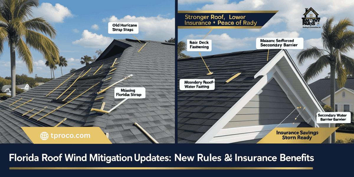 Florida roof upgraded with reinforced roof-to-wall connections and secondary water barrier, meeting modern wind mitigation standards.
