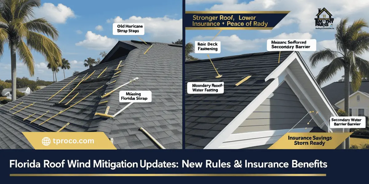 Florida roof upgraded with reinforced roof-to-wall connections and secondary water barrier, meeting modern wind mitigation standards.