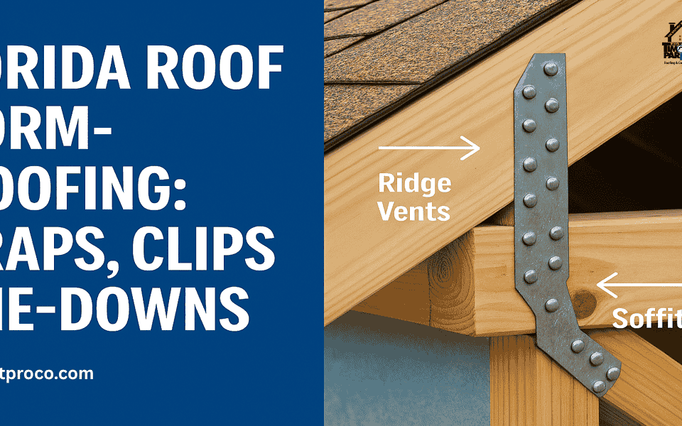 Florida roofer securing hurricane straps and re nailing roof decking to meet wind uplift protection standards.