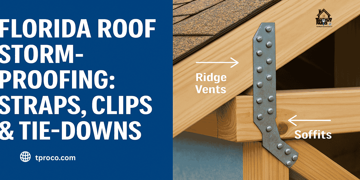 Florida roofer securing hurricane straps and re nailing roof decking to meet wind uplift protection standards.