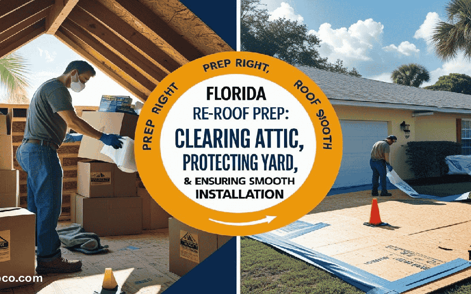 Florida roofing crew using tarps to protect plants and a homeowner clearing attic storage before a roof replacement.