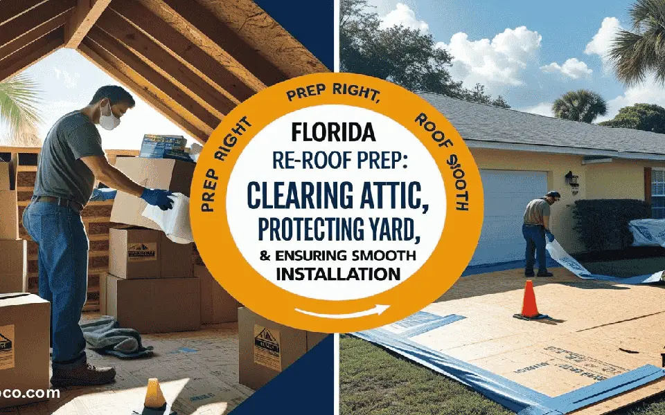 Florida roofing crew using tarps to protect plants and a homeowner clearing attic storage before a roof replacement.