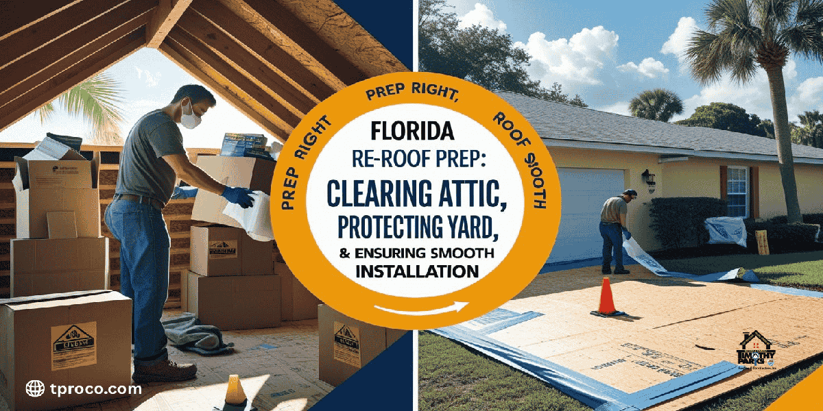 Florida roofing crew using tarps to protect plants and a homeowner clearing attic storage before a roof replacement.