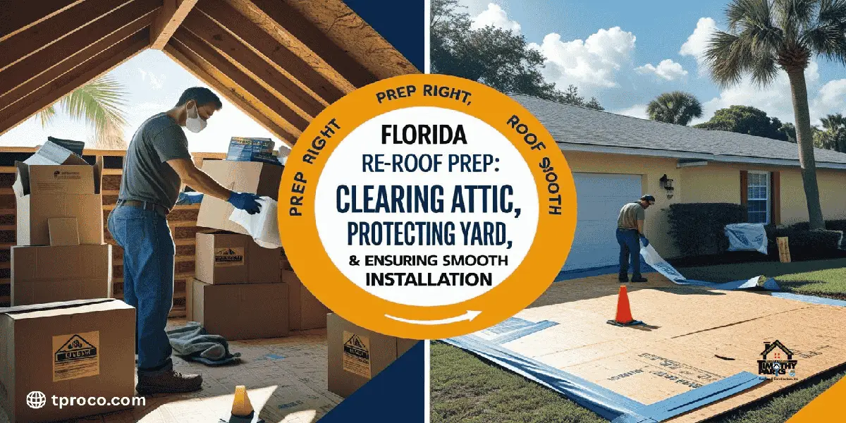 Florida roofing crew using tarps to protect plants and a homeowner clearing attic storage before a roof replacement - Timothy Parks Roofing & Construction Inc Florida roofing crew using tarps to protect plants and a homeowner clearing attic storage before a roof replacement.