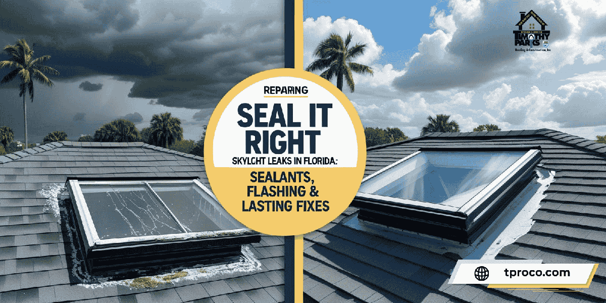Florida skylight freshly resealed with new flashing and weatherproof caulk, ready to resist heavy rain and storms.