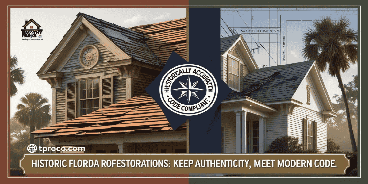 Restored historic Florida roof with authentic-looking tiles and modern wind-rated reinforcements, preserving vintage charm and meeting code.
