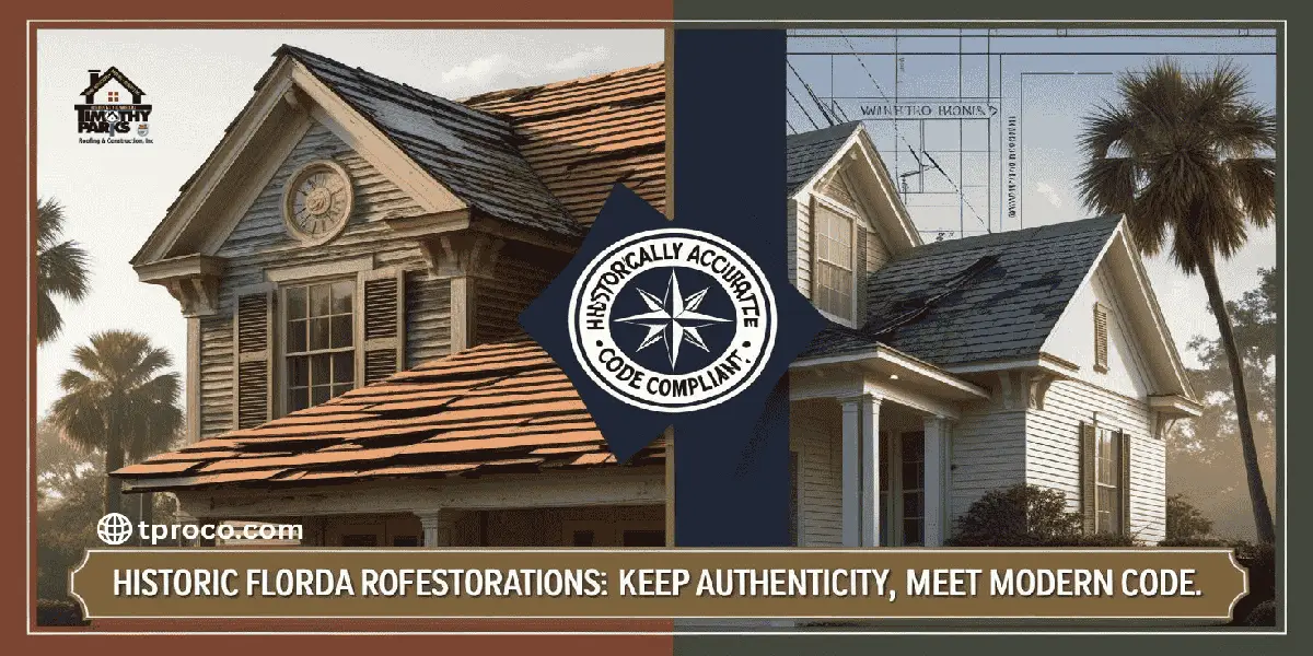 Restored historic Florida roof with authentic-looking tiles and modern wind-rated reinforcements, preserving vintage charm and meeting code.