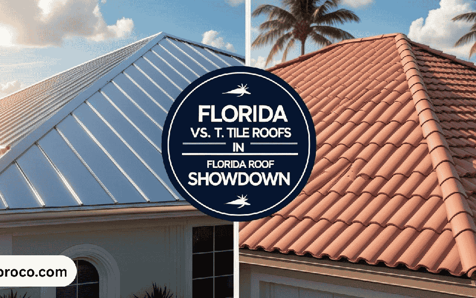 Side-by-side comparison of clay tiles and metal roofing panels on a Florida demo home, highlighting visual and structural differences.