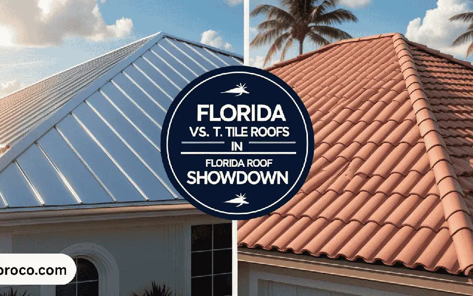 Side-by-side comparison of clay tiles and metal roofing panels on a Florida demo home, highlighting visual and structural differences.