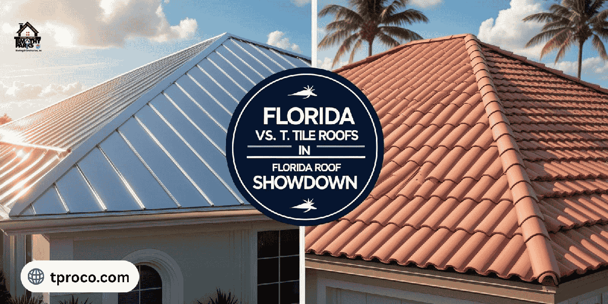 Side-by-side comparison of clay tiles and metal roofing panels on a Florida demo home, highlighting visual and structural differences.