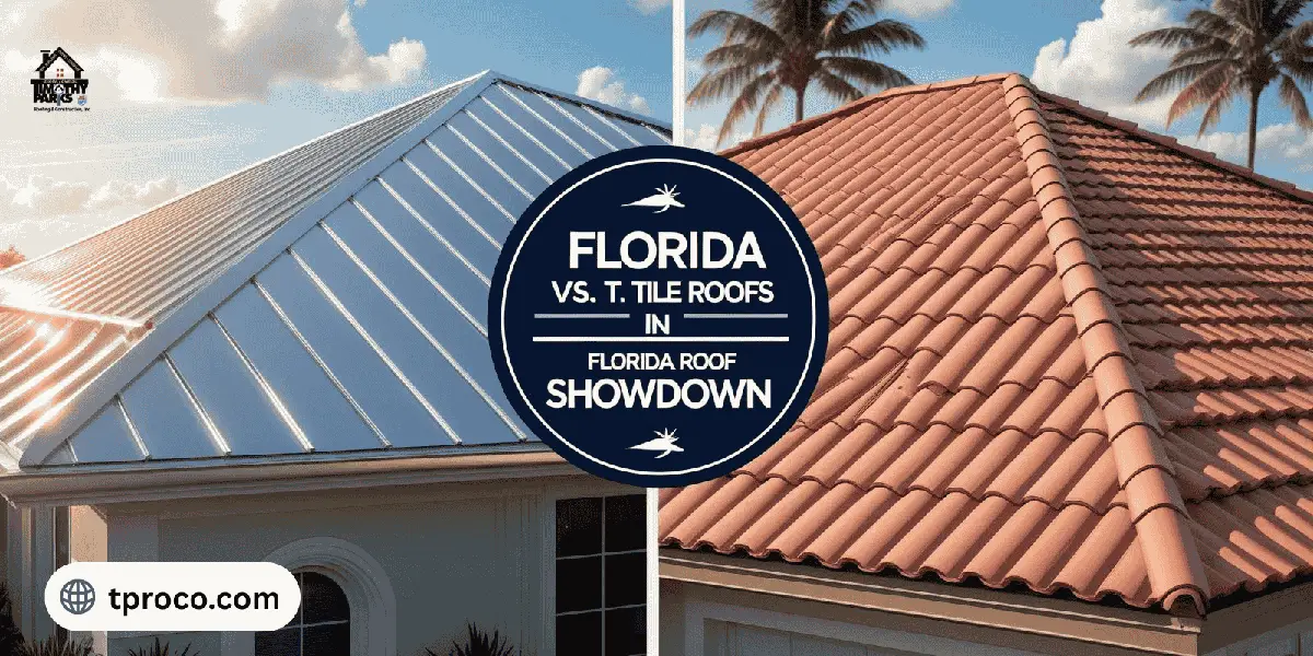 Side-by-side comparison of clay tiles and metal roofing panels on a Florida demo home, highlighting visual and structural differences - Timothy Parks Roofing & Construction Inc Side-by-side comparison of clay tiles and metal roofing panels on a Florida demo home, highlighting visual and structural differences.