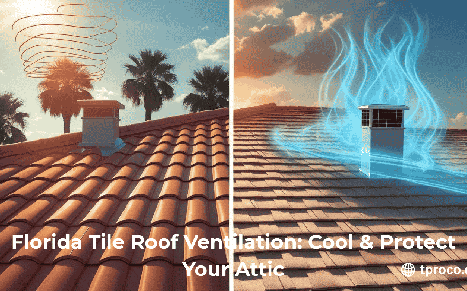 Spanish-style tile roof in Florida upgraded with ridge and soffit vents to release trapped attic heat and reduce humidity.